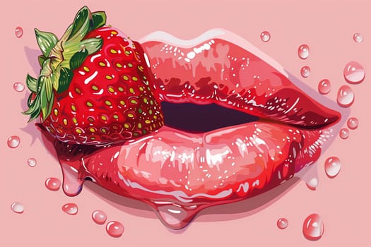 A detailed artistic depiction of glossy lips holding a strawberry, surrounded by water droplets against a pink background.