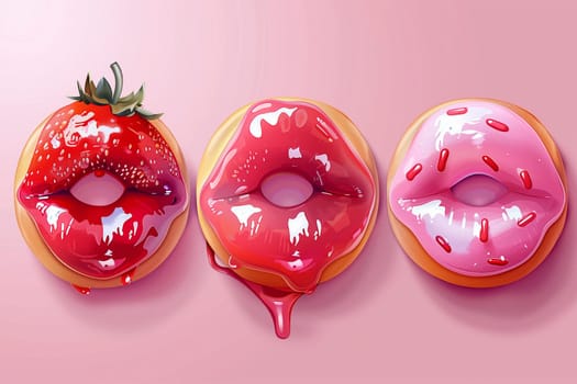 Three glazed donuts with a fresh strawberry placed on top, ready to be enjoyed.