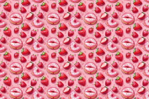 Bright, glossy female lips and strawberries are arranged in a repetitive, eye-catching pattern against a pink background.