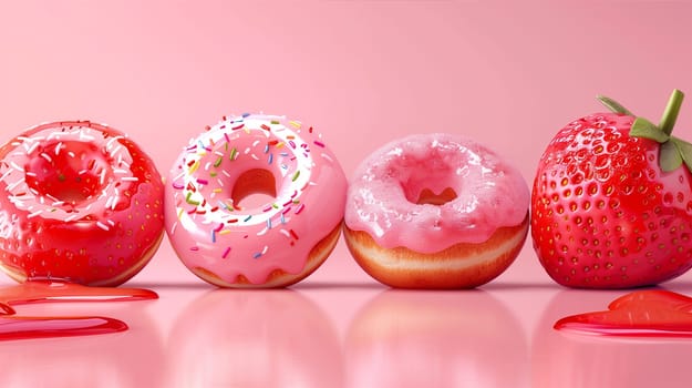 A row of donuts with pink frosting and colorful sprinkles lined up neatly, ready to be enjoyed.