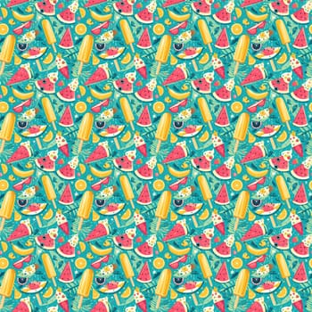 Colorful assortment of fruit and drinks arranged in a pattern on a blue background, including oranges, lemons, strawberries, watermelon, cocktails, and ice cream cones.