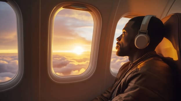 Happy young man passenger listening to music with headphones sits in a seat on an airplane near the window during the flight