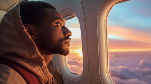 Portrait of young african man passenger sits in a seat on an airplane and looking out the window enjoying flight