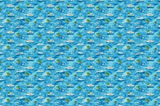 A seamless repeating pattern showing cruise ships and small palm-covered islands in a vibrant blue sea, conveying a tropical vacation vibe.