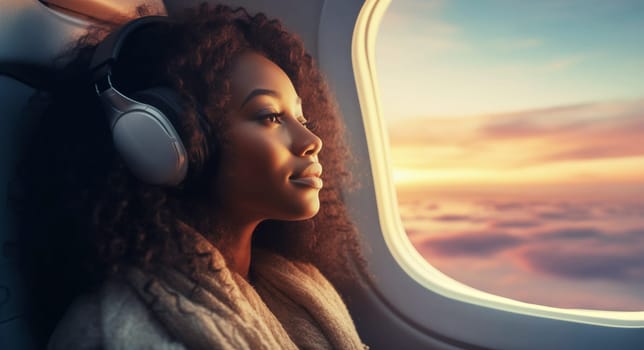 Happy smiling young woman passenger listening to music with headphones sits in a seat on an airplane near the window during the flight