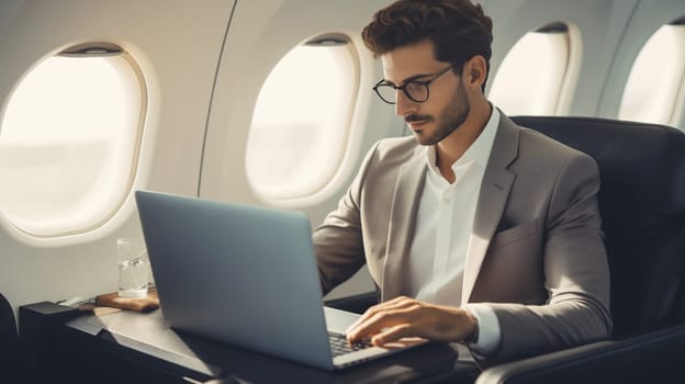 Confident young businessman passenger, man working with laptop on an airplane while sits in a seat business class cabin