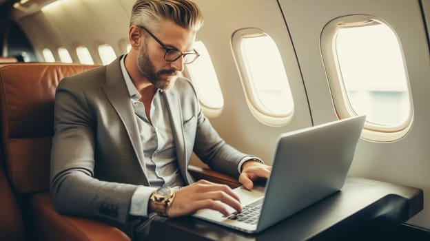 Confident mature businessman passenger, man working with laptop on an airplane while sits in a seat business class cabin