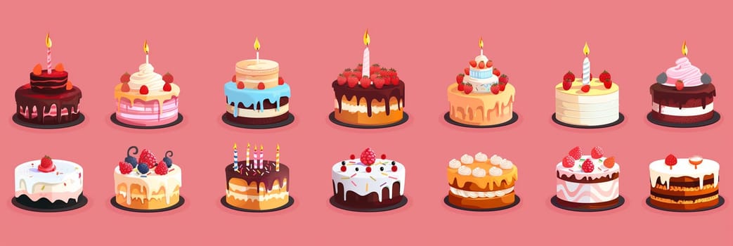 Several cakes with lit candles arranged on a pink background.