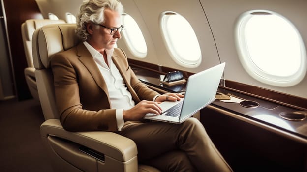 Confident mature businessman passenger, man working with laptop on an airplane while sits in a seat business class cabin