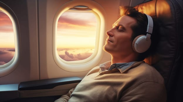 Happy young man passenger listening to music with headphones sits in a seat on an airplane near the window during the flight