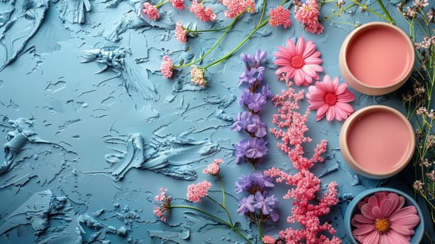 Multicolored flowers on a blue background. Environmental background design.