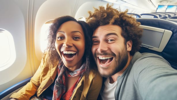 Portrait of happy laughing young couple passengers taking selfie together sits in a seat on an airplane enjoying flight