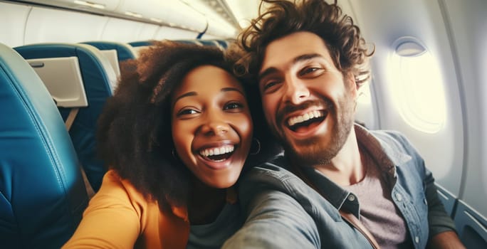 Portrait of happy laughing young couple passengers taking selfie together sits in a seat on an airplane enjoying flight
