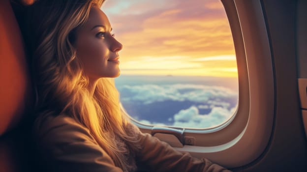 Portrait of young woman passenger sits in a seat on an airplane and looking out the window enjoying flight