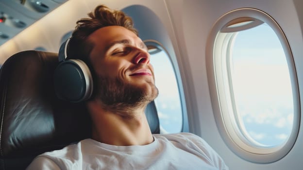 Happy young man passenger listening to music with headphones sits in a seat on an airplane near the window during the flight