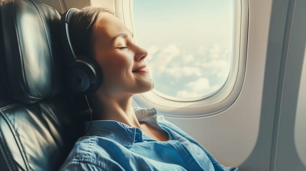 Happy smiling young woman passenger listening to music with headphones sits in a seat on an airplane near the window during the flight