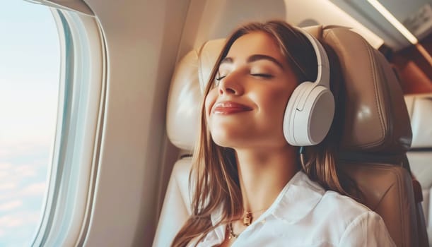 Happy smiling young woman passenger listening to music with headphones sits in a seat on an airplane near the window during the flight