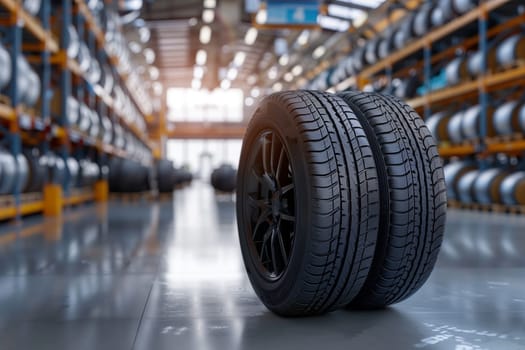 Two black tires stacked in a warehouse setting.