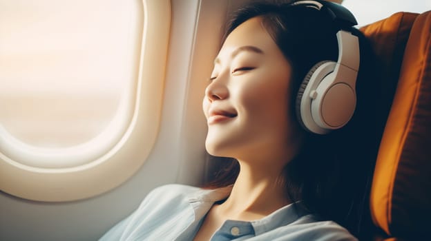 Happy smiling young woman passenger listening to music with headphones sits in a seat on an airplane near the window during the flight