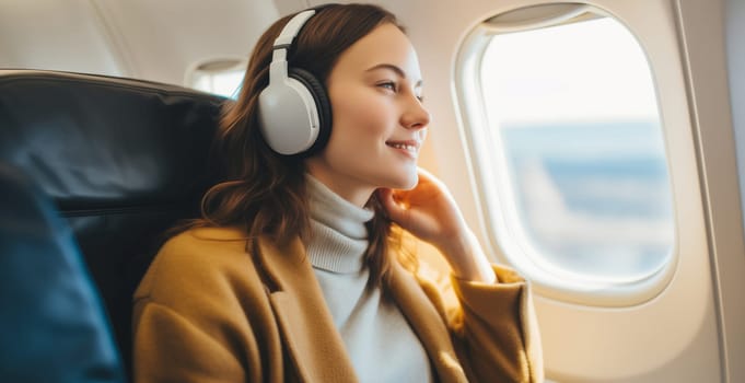 Happy smiling young woman passenger listening to music with headphones sits in a seat on an airplane near the window during the flight