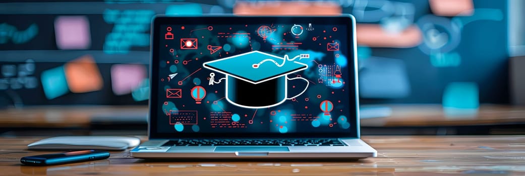 A laptop screen shows a virtual graduation cap symbolizing online education and personal development.