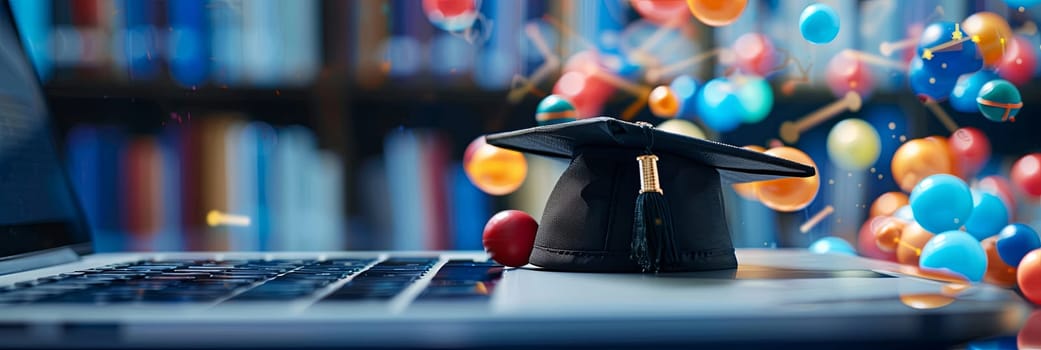 A graduation cap placed on top of a laptop computer, symbolizing the concept of EdTech education and online learning.