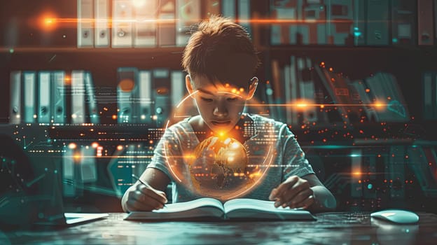 A young boy sitting at a table, engaged in reading a book and inspecting a magnifying glass ball.