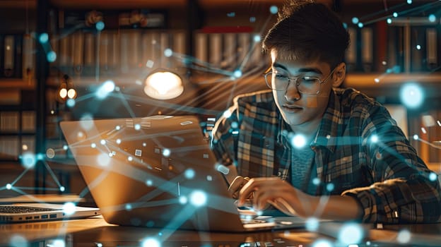 A man focused on his laptop screen, sitting at a table while engaging in online education and distance learning. Concept of EdTech, e-learning, and personal development.