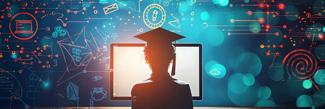 A graduation cap rests atop a computer screen, symbolizing online education and e-learning for personal and professional development.