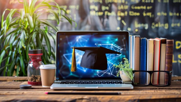 A laptop displaying a graduation cap symbolizing online education and personal development through e-learning.