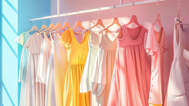 A collection of dresses and shirts displayed on hangers in a fashion designers showroom.