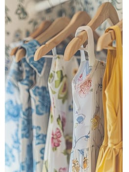 Fashionable summer dresses and shirts neatly arranged on hangers in a womens clothing showroom.
