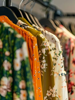 Assorted shirts hanging neatly on display rack in a fashionable womens closet.