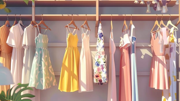 Collection of fashionable womens dresses and shirts hanging neatly on a rack in a summer closet setting.