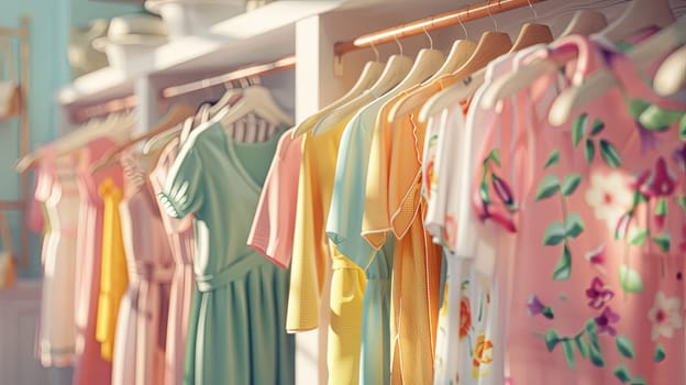 Assorted dresses and shirts hanging on a rack in a fashionable womens closet, showcasing a summer collection in a designer clothing store.