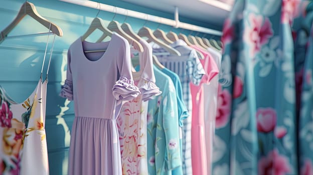 Array of dresses and shirts hanging neatly on rack, representing a fashionable womens closet in a designer clothing store.