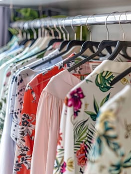 Rack filled with a variety of shirts, part of a summer closet in a womens clothing showroom.