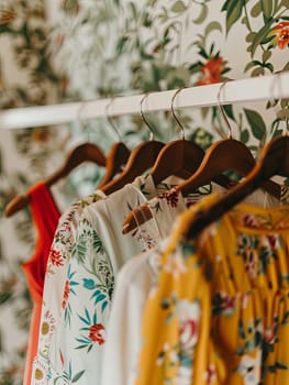 A variety of dresses and shirts hanging on a rack in a fashionable womens closet. Summer wardrobe display for a clothing showroom.