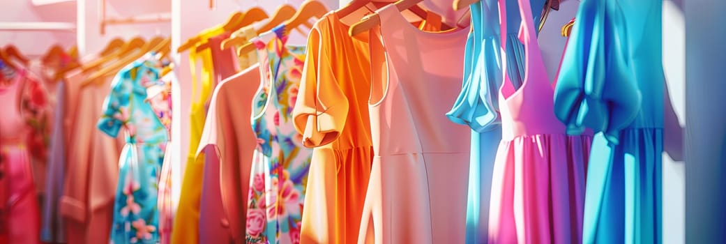 A rack of vibrant dresses displayed on hangers against a wall.