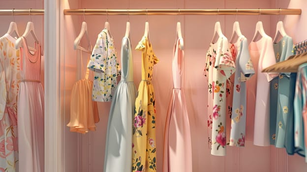 Display of fashionable womens dresses and shirts hanging on a rack. Creative concept for a designer clothing showroom.