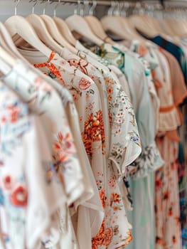 Rack of various shirts in a fashionable womens closet. Summer dresses and tops neatly displayed on hangers in designer clothing store.