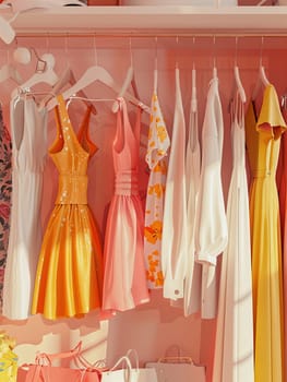 Closet filled with various colored dresses and shirts hanging on hangers, creating a vibrant and stylish display.