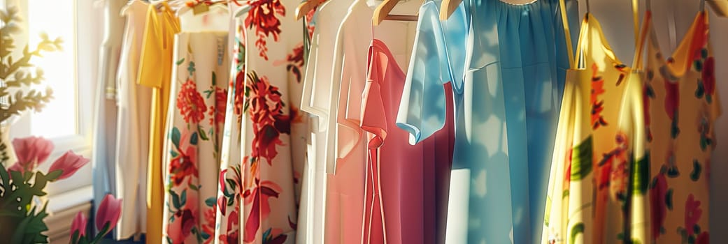 Collection of vibrant dresses and shirts hanging on a rack in a womens clothing showroom.