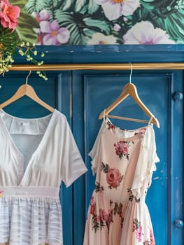 Two dresses displayed on a rack against a floral wallpaper backdrop in a fashionable womens closet. Creative concept of a designer dresses store.