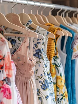 A row of colorful dresses hanging on a rack in a fashionable womens closet. Summer closet with designer dresses and shirts on hangers.