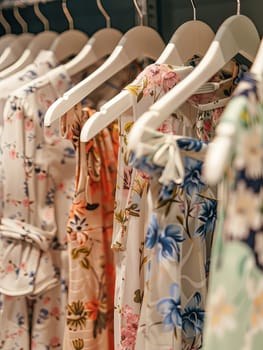 Fashionable womens closet wallpaper featuring a row of dresses and shirts hanging on hangers in a summer closet setting.