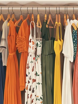 Variety of summer dresses and shirts hanging on display rack in a womens clothing store.