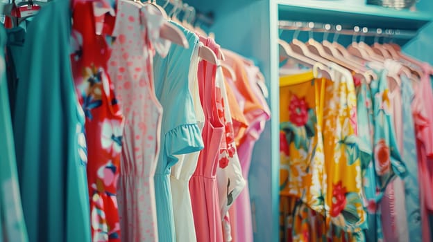 Colorful dresses and shirts hanging on a blue wall in a fashionable womens closet.