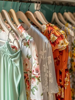 Various dresses and shirts hanging on a rack in a fashionable womens closet. Creative concept of a designer dresses store.