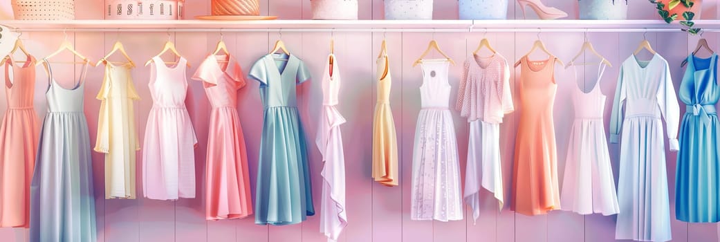 A variety of dresses and shirts hanging on a rack in a fashionable womens closet.